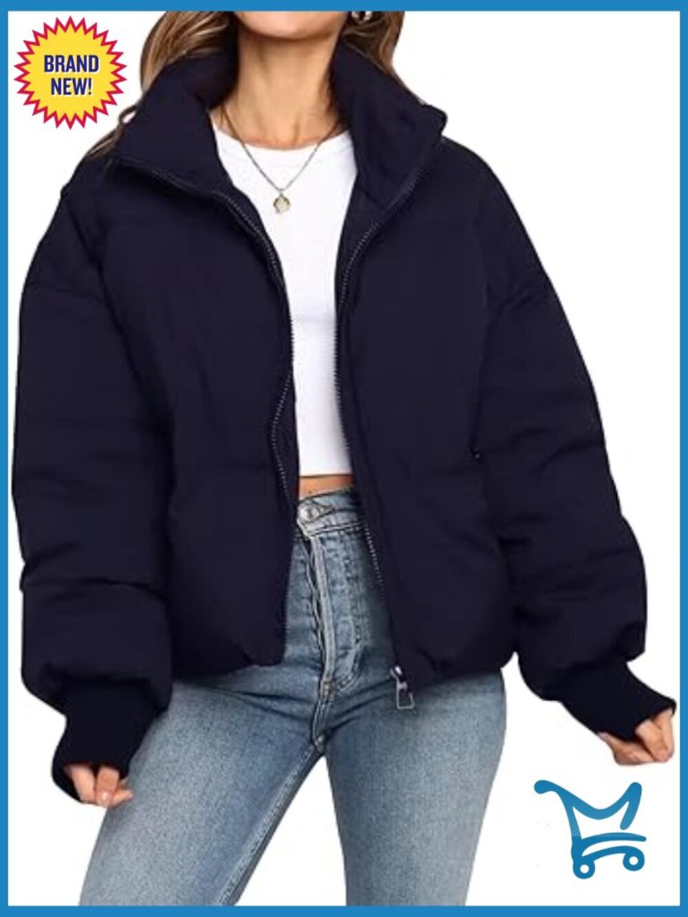 Cropped Puffer Jacket Winter Warm Quilted Coat Short Zip Front Loose Fit